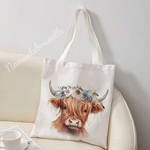 Boho Highland Cow With Flowers Tote Bag